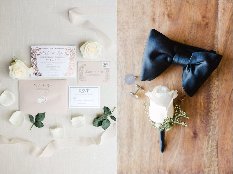 Flatlay details.  Image on the left shows the wedding invitation.  Image on the right shows the groom's bow tie, cufflinks and boutonniere.  