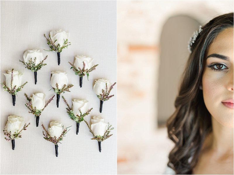 Image on the left shows flatlay of groomsmen's boutonnières.  Image on the right shows close up of Bride's face.