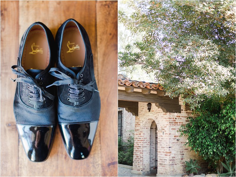 Image on the left shows the Groom's shoes by Christian Louboutin.  Image on right shows one of the villa courtyards.