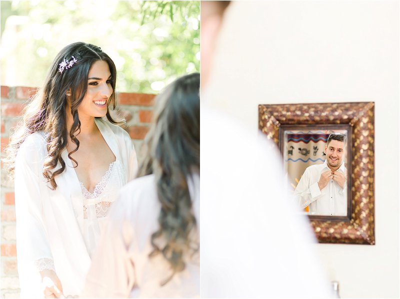 Image on the left shows bride chatting with her bridesmaids while getting ready for her wedding.  Image on the right shows the groom's reflection in a mirror while buttoning his shirt.