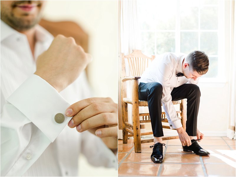 Groom adjusting cufflinks and tying shoes.