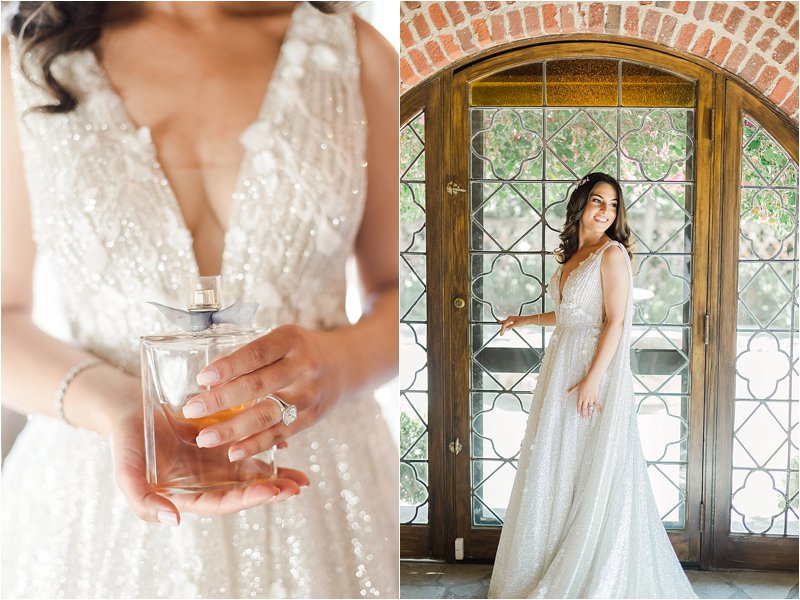 Image on the left shows bride holding her perfume. Image on the right shows bride looking over her shoulder after just putting on her wedding gown.