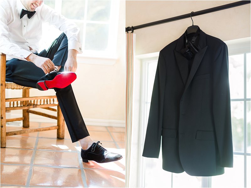 Image on the left shows Groom putting on his shoes.  Image on right shows Groom's suit jacket hanging
