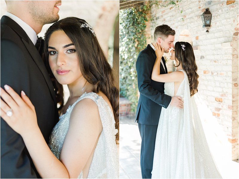 Image on the left shows the Bride looking at the camera as she rests her head on her Groom's chest.  Image on the right shows the Bride delicately resting her hand on her Groom's neck as they rest their heads together.