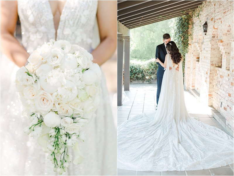 Image on the left shows a detail shot of the Bride holding her bouquet.  Image on the right shows the back of the Bride's gown and train while she and the groom embrace.