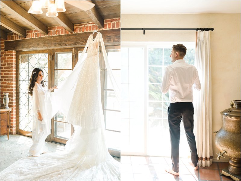 Image on the left shows bride looking at her dress hanging before getting dressed.  Image on the right shoes groom looking out the window while buttoning his shirt.