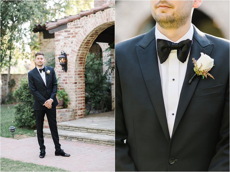 The Groom poses for a full body portrait on the left, and a boutonniere close up on the right.
