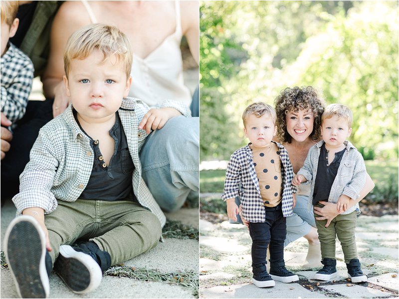 Image on the left shows one of the twins resting his arm on his mother's leg while sitting on the ground.  Image on the right shows mother squatting down and hugging her 1 year old twin sons as they stand and look at the camera.