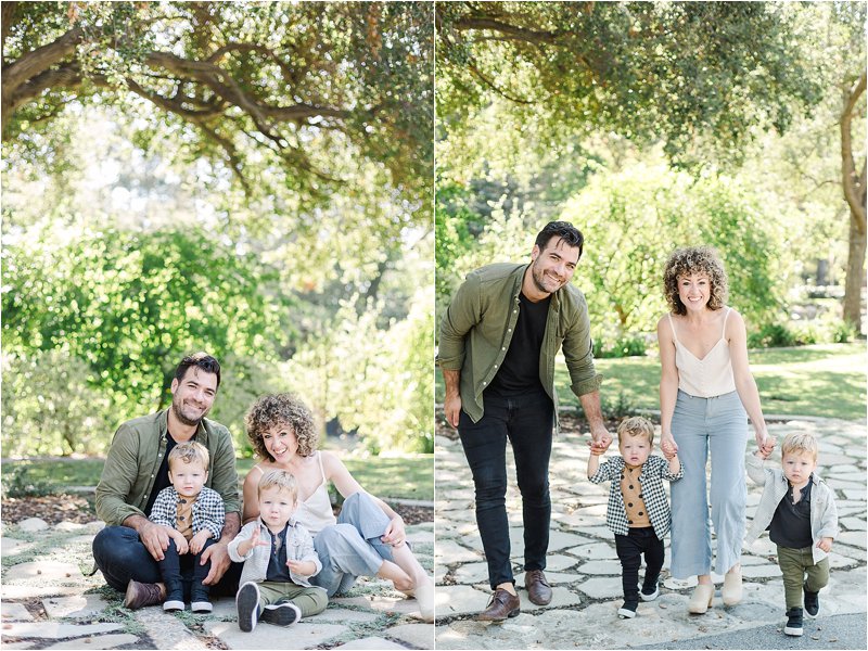 Image on the left shows parents sitting on the ground with their 2 year old twin sons.  Image on the right shows them all holding hands and walking toward the camera, showcasing their fall family photo outfits featuring neutral tones.