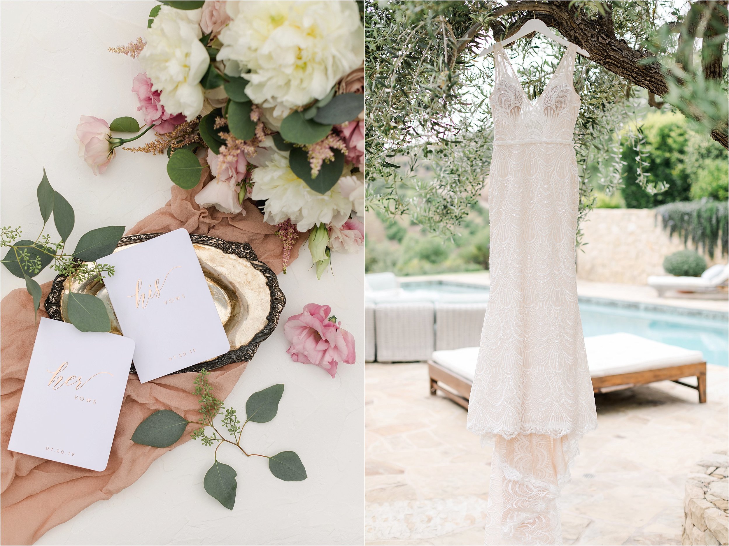 The image on the left shows a detail shot of the bride's bouquet with the bride and groom's vow books. The image on the right shows the bride's dress hanging from an olive tree at Klenter Ranch, one of the top Southern California private estate wedding venues.
