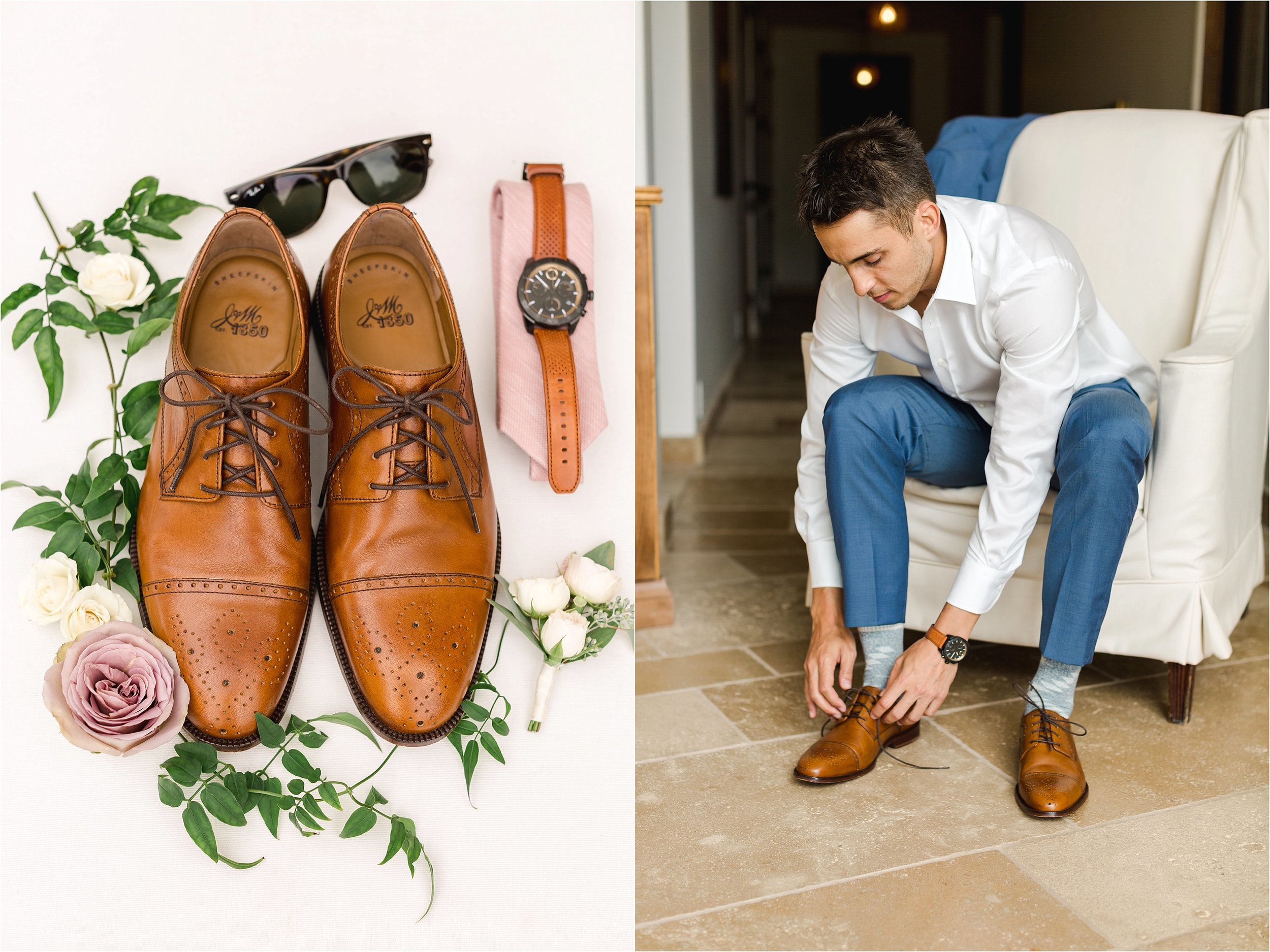 The image on the left is a flat-lay of the groom's details featuring his brown shoes, RayBan sunglasses, blush tie, brown leather watch and white rose boutonnière. The image on the right shows the groom tying his shoe while getting ready for his wedding. 