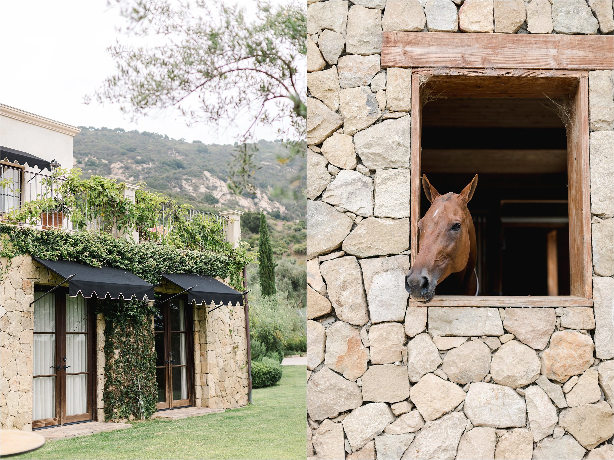 The image on the left shows a beautiful stone building with black awnings and vines creeping along the walls. The image on the right shows a chestnut colored horse peeking its head out of the stone barn window at Klenter Ranch, one of the top Southern California private estate wedding venues.