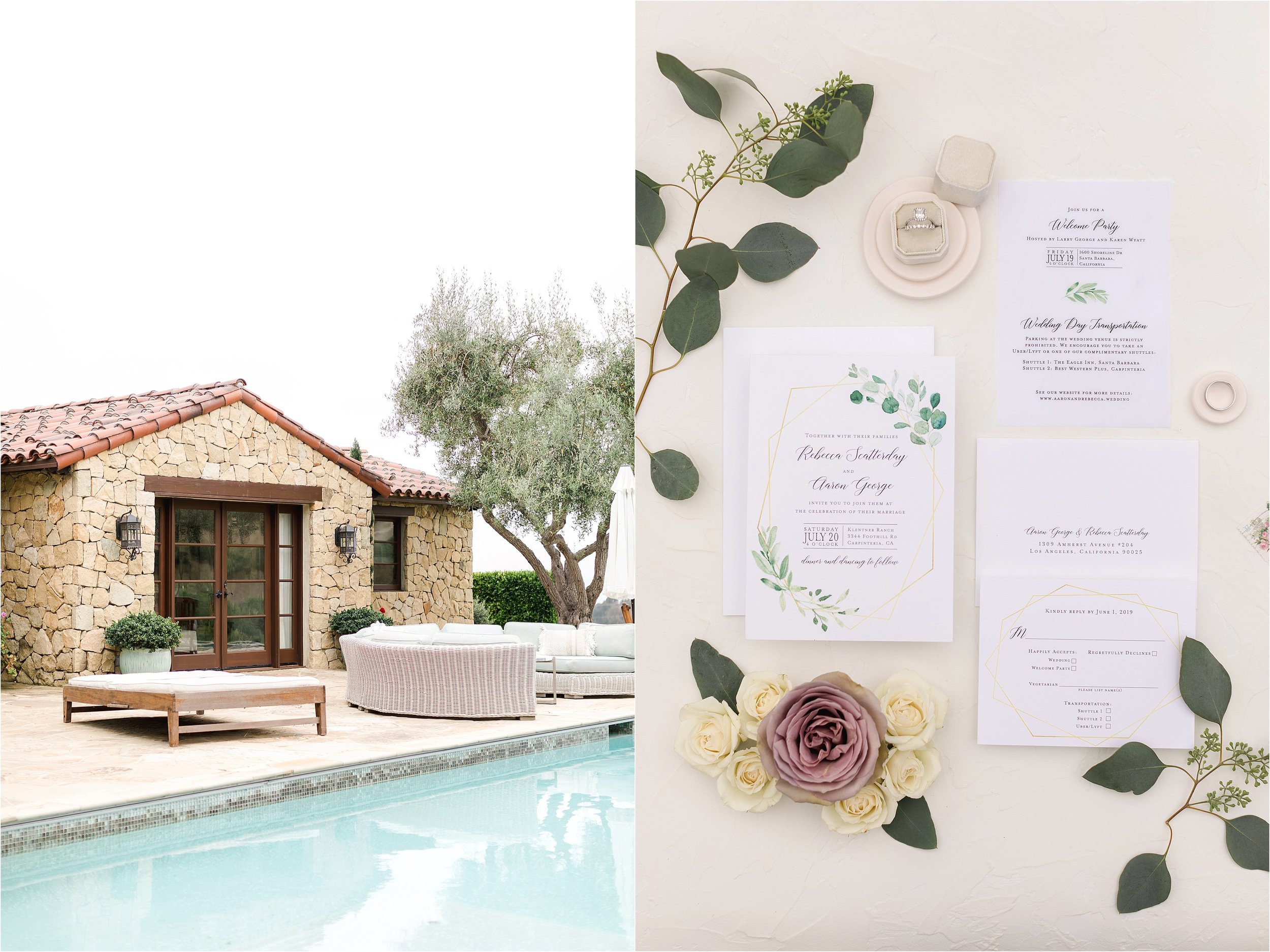 The image on the left shows the grounds of one of Southern California's most coveted private estate wedding venues, featuring a stone cottage overlooking a pool where the bride will be getting ready. The image on the right shows a flat-lay of the wedding invitation.