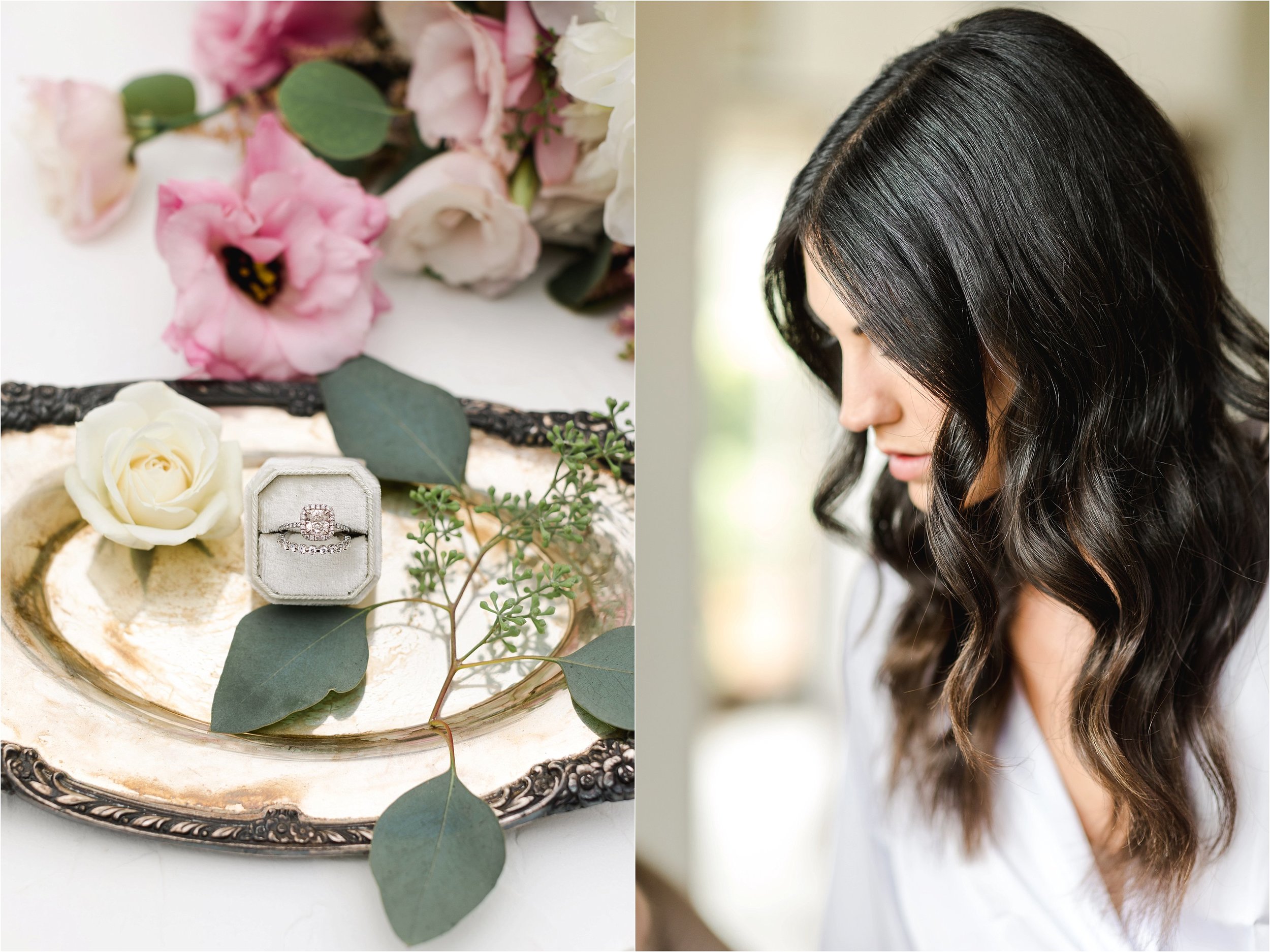 The image on the left shows a flat-lay of the bride's engagement ring and wedding band in a velvet ring box, placed on a round, gold tray surrounded by pink and white florals. eucalyptus leaves and seeded eucalyptus. The image on the right shows a detail shot of the bride's curls.