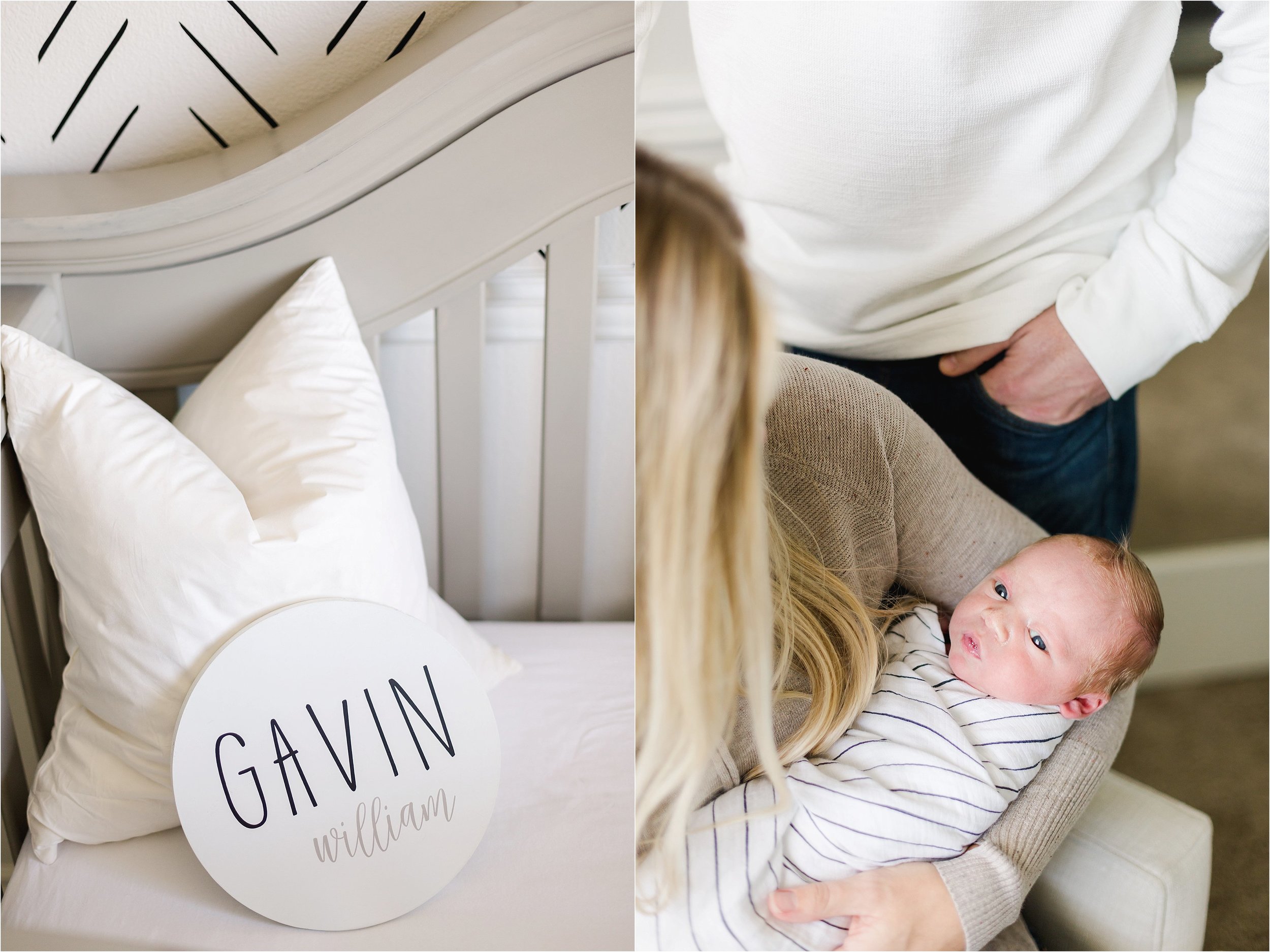 Image on the left shows a detail nursery shot featuring an oval sign with the baby boy's name.  Image on the right shows the baby boy looking towards the camera while being held by his Mother as his father looks on.