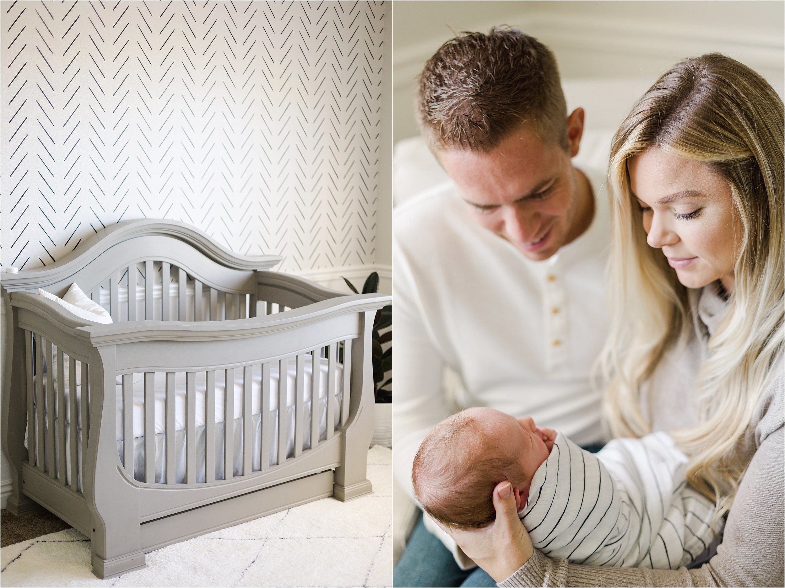Image on the left shows a grey crib in the baby boys nursery.  Image on the right shows blonde Mother holding her newborn son as she and her husband smile down at him.