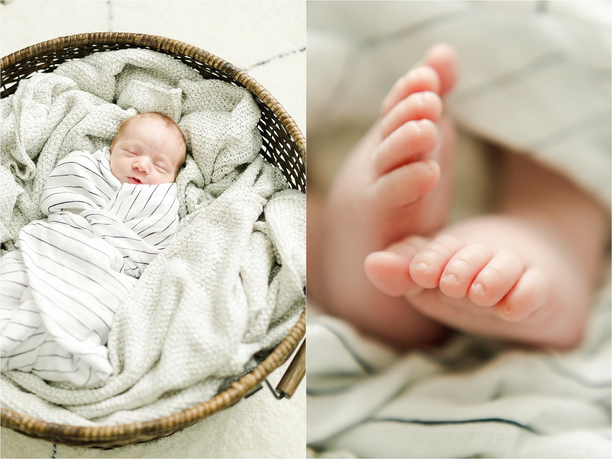 Image on the left shows baby boy in black and white striped swaddle lying in a basket.  Image on the right is a detail shot of the baby's feet.