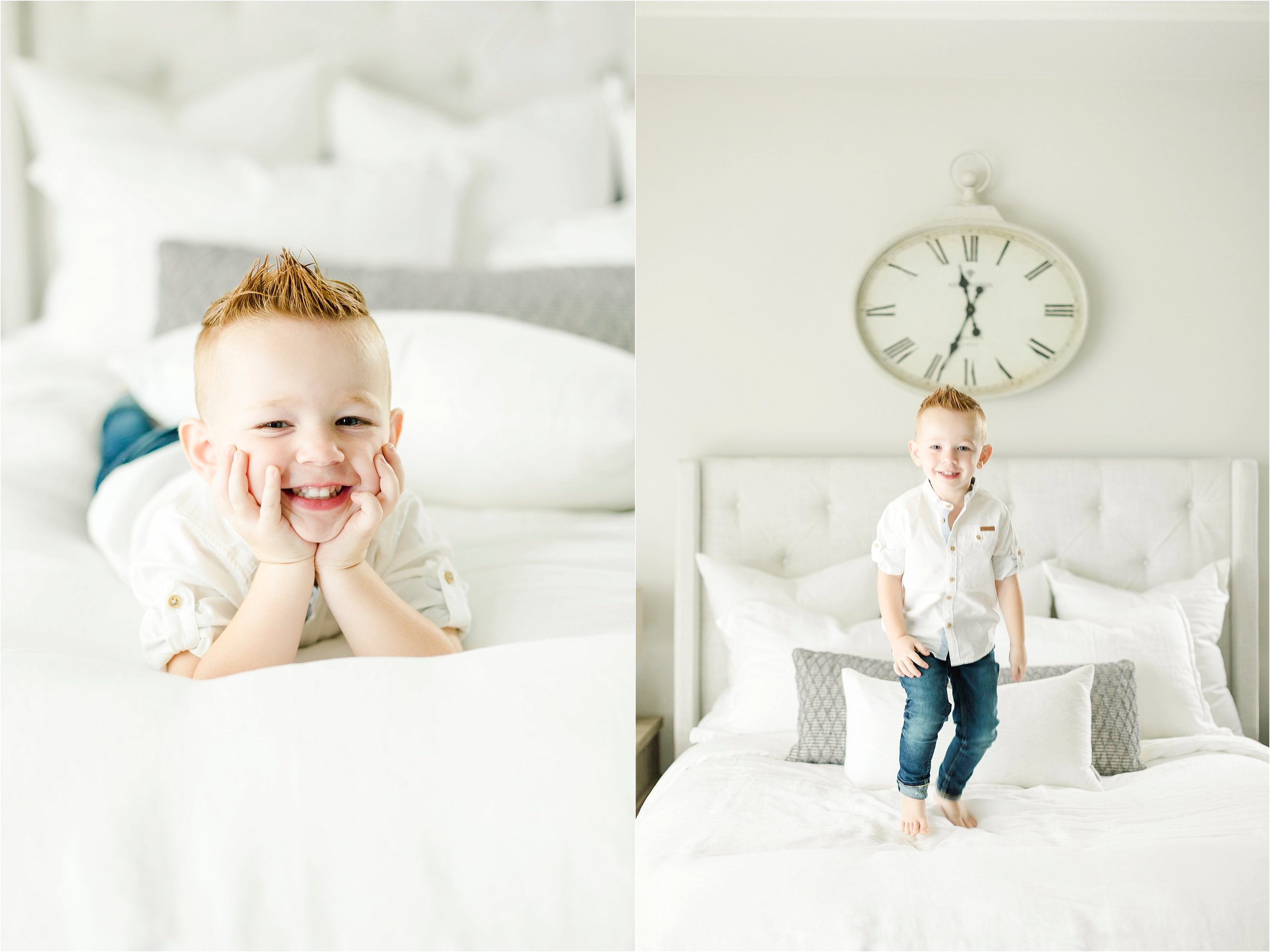 Image on the left shows older brother poseing on the bed with his head in his hands.  Image on the left shows older brother jumping on the bed.