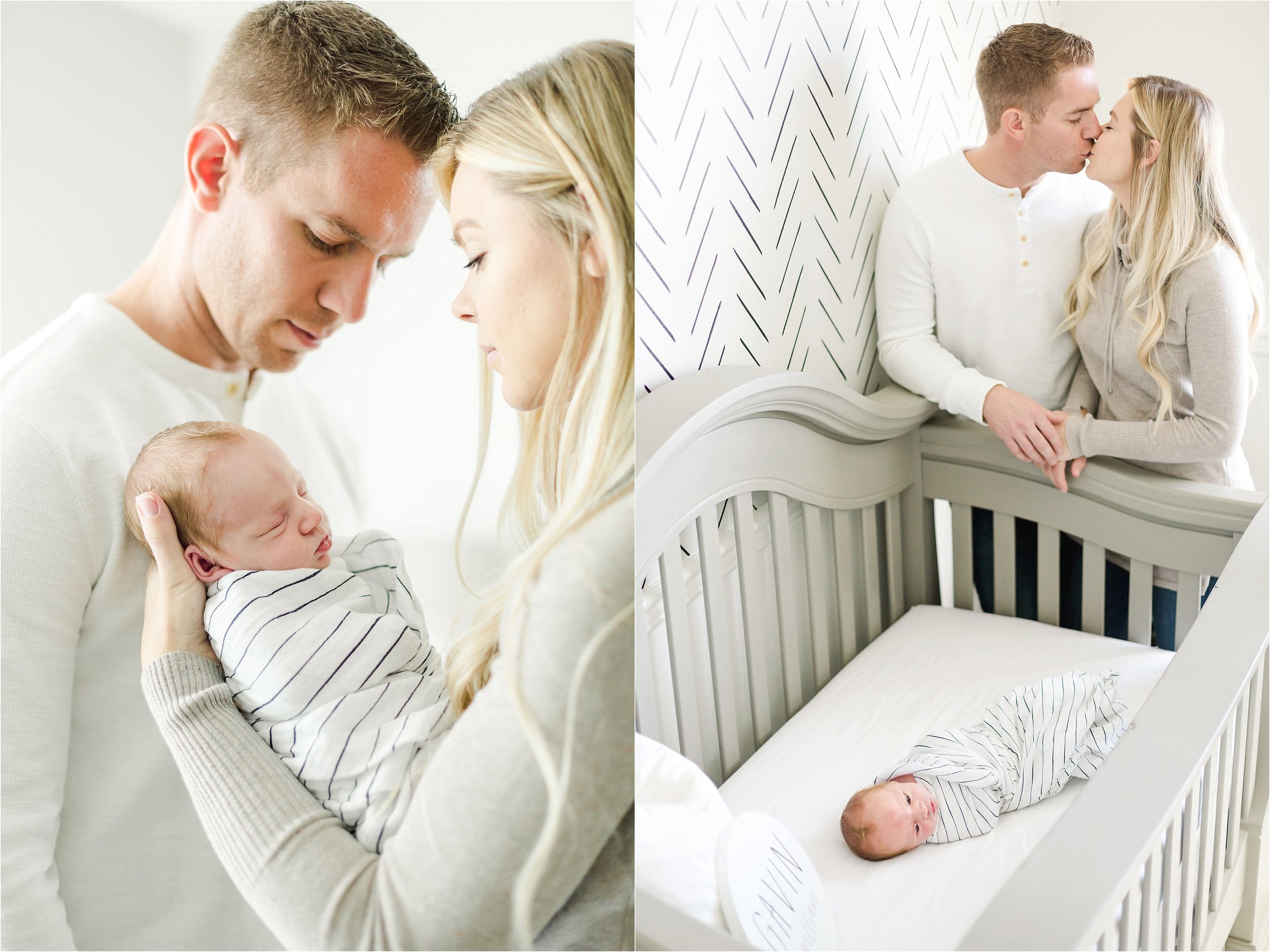 Baby boy is snuggled between his mother and father while sleeping.  Image on the right shows baby boy in his crib while Mother and Father kiss.