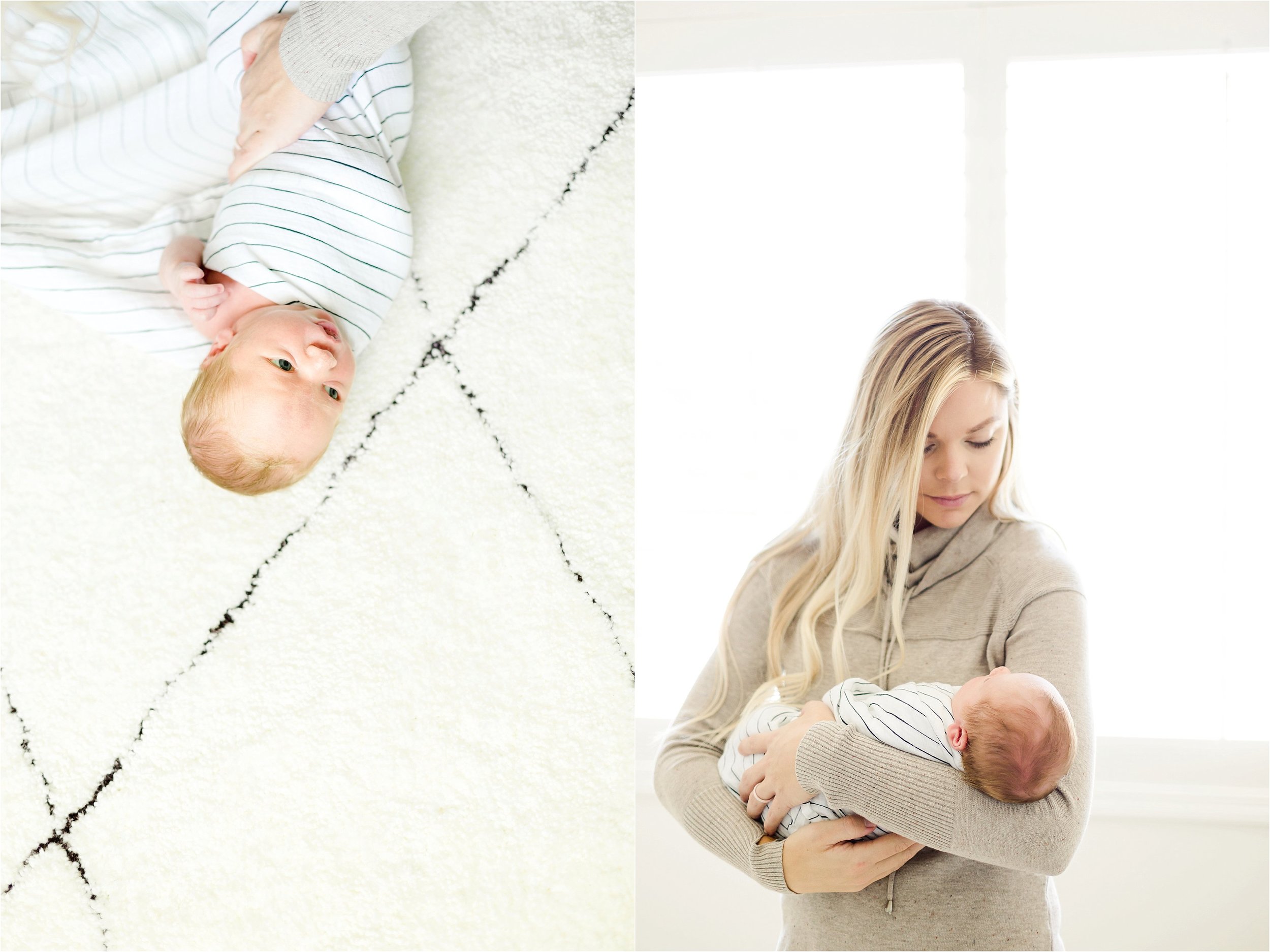 Image on the left shows baby boy being swaddled.  Image on the right shows Mother standing in front of a window, cradling her newborn son.