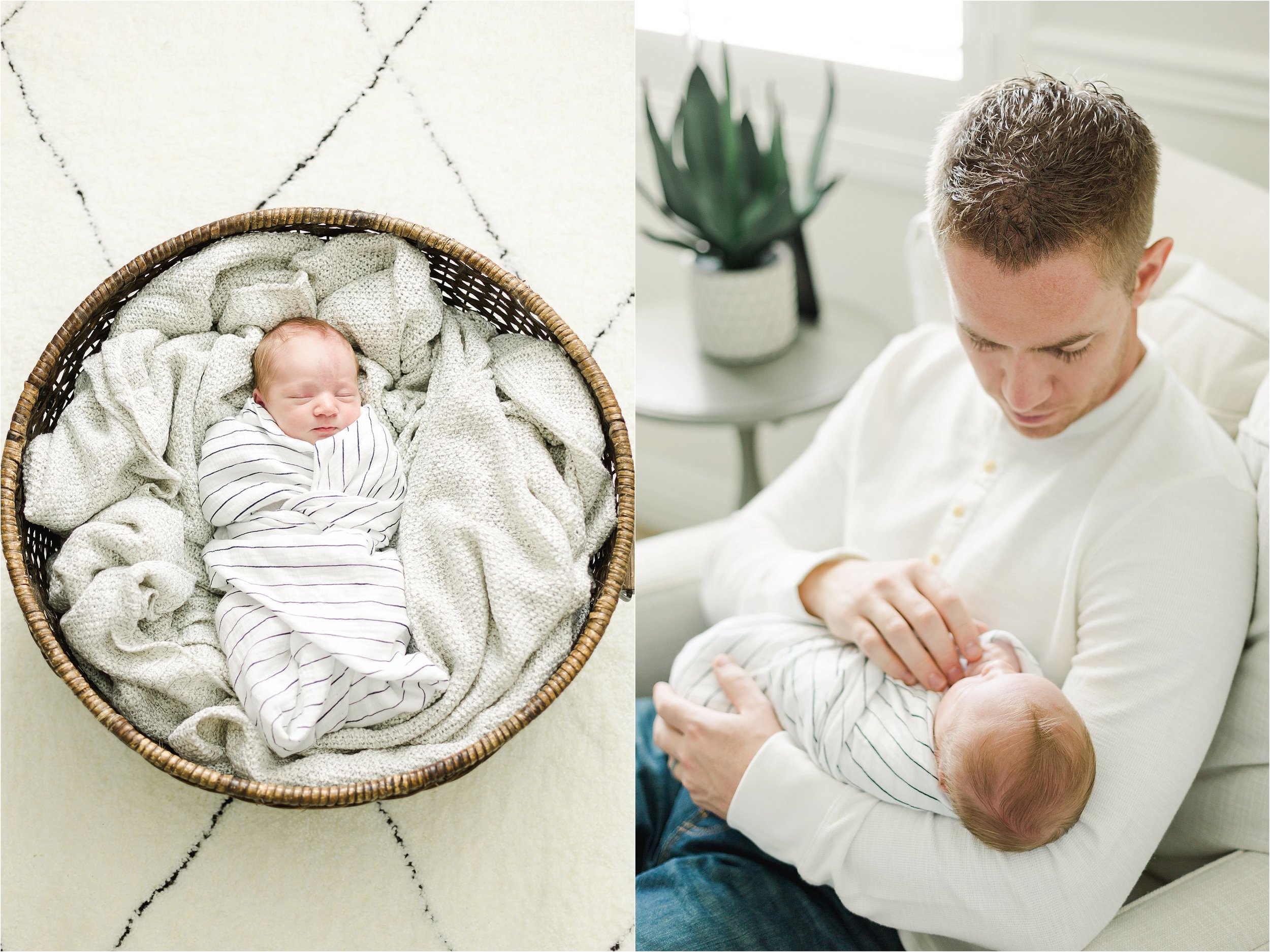 Image on the right shows baby boy swaddled and sleeping in a basket.  Image on the right shows father sitting on a cream linen chair while holding his son during their newborn photoshoot.