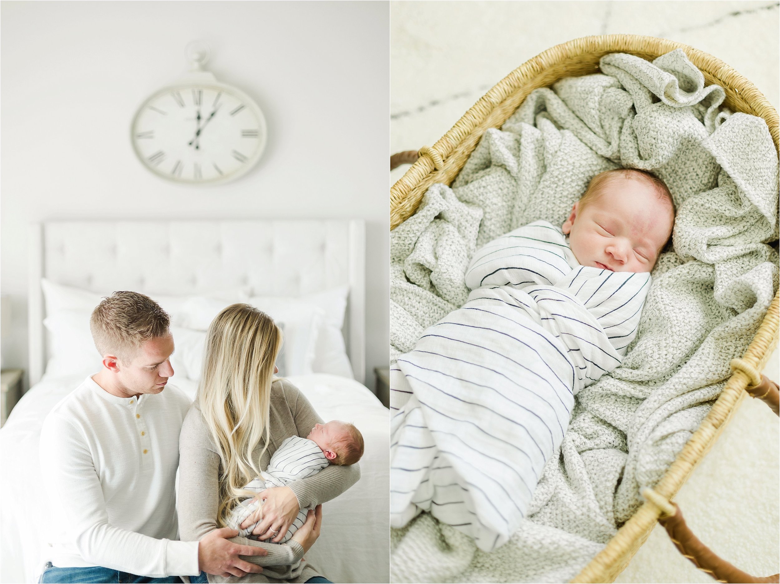 Image on the left shows Mother and Father sitting on the edge of the bed while holding their newborn son.  Image on the right shows baby boy asleep in a basket while swaddled.