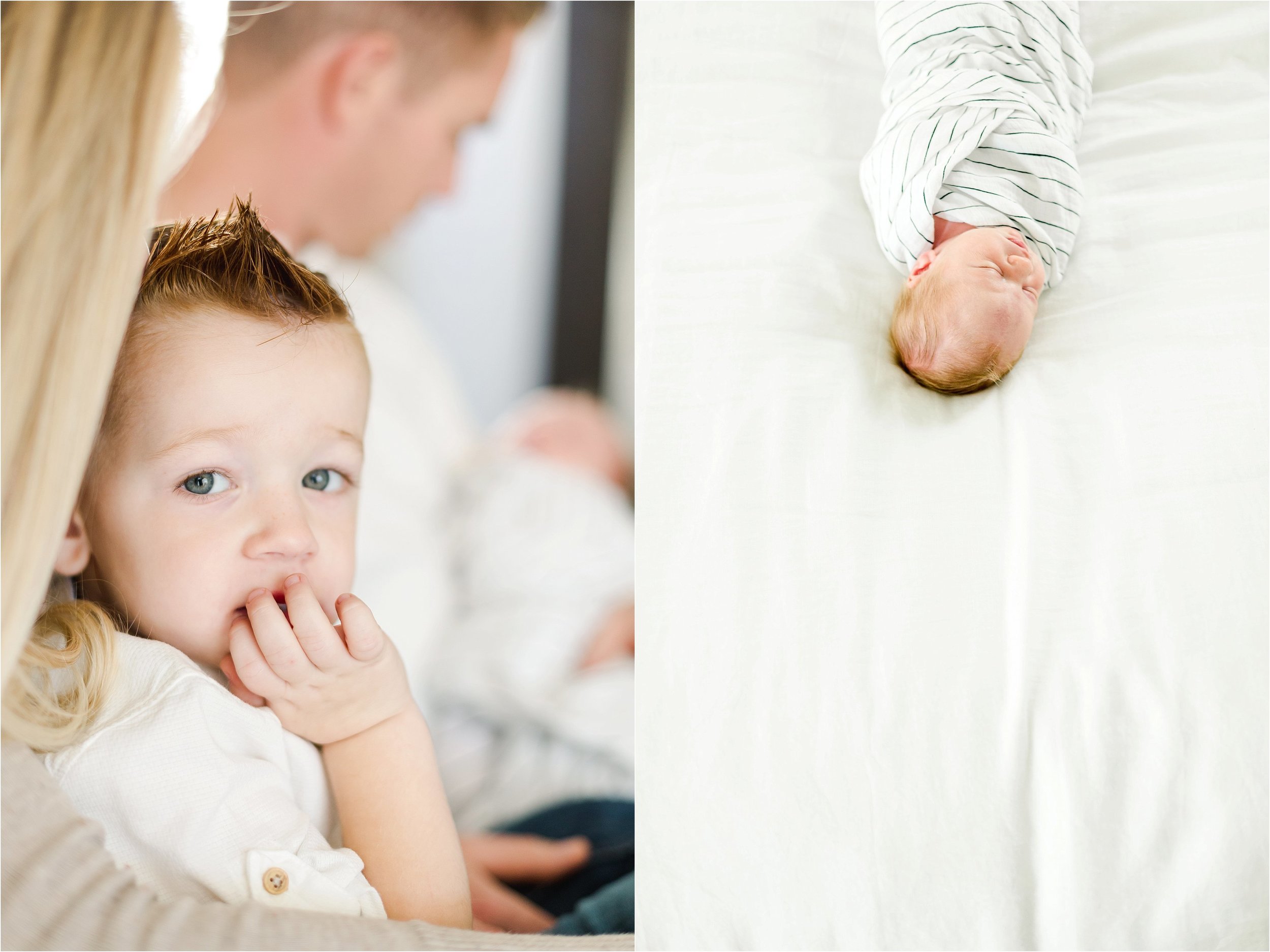 Image on the left shows Mother holding her oldest son in her lap as he looks at the camera.  Image on the right shows overhead shot of baby boy asleep on the bed.