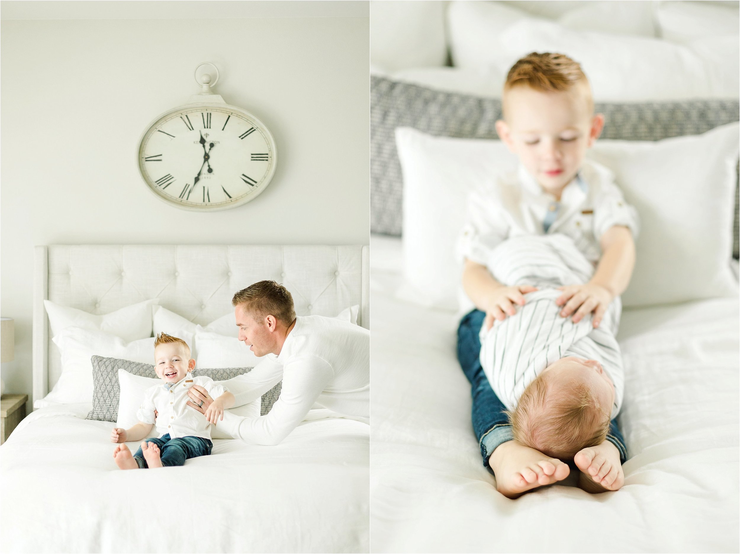 Image on the left shows the Father playing with his oldest son.  Image on the right shows older brother holding his baby brother.