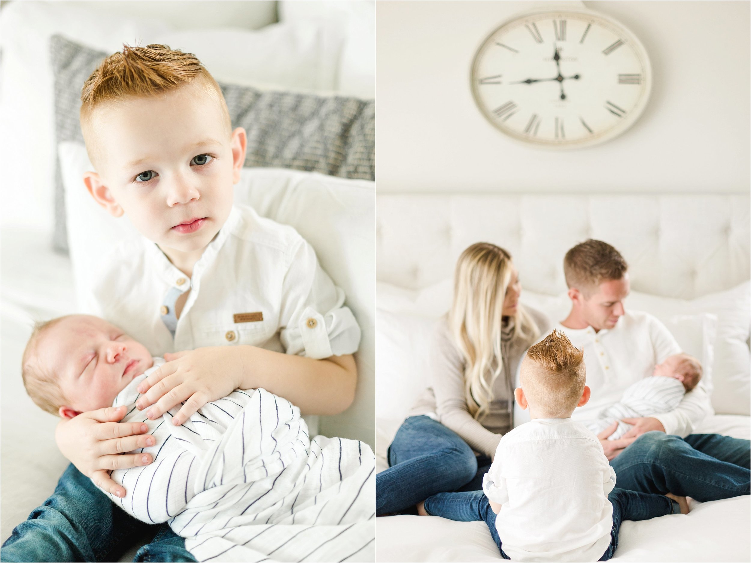 Image on the left shows big brother holding his baby brother.  Image on the right shows parents sitting on bed holding their newborn son while older son looks at them.