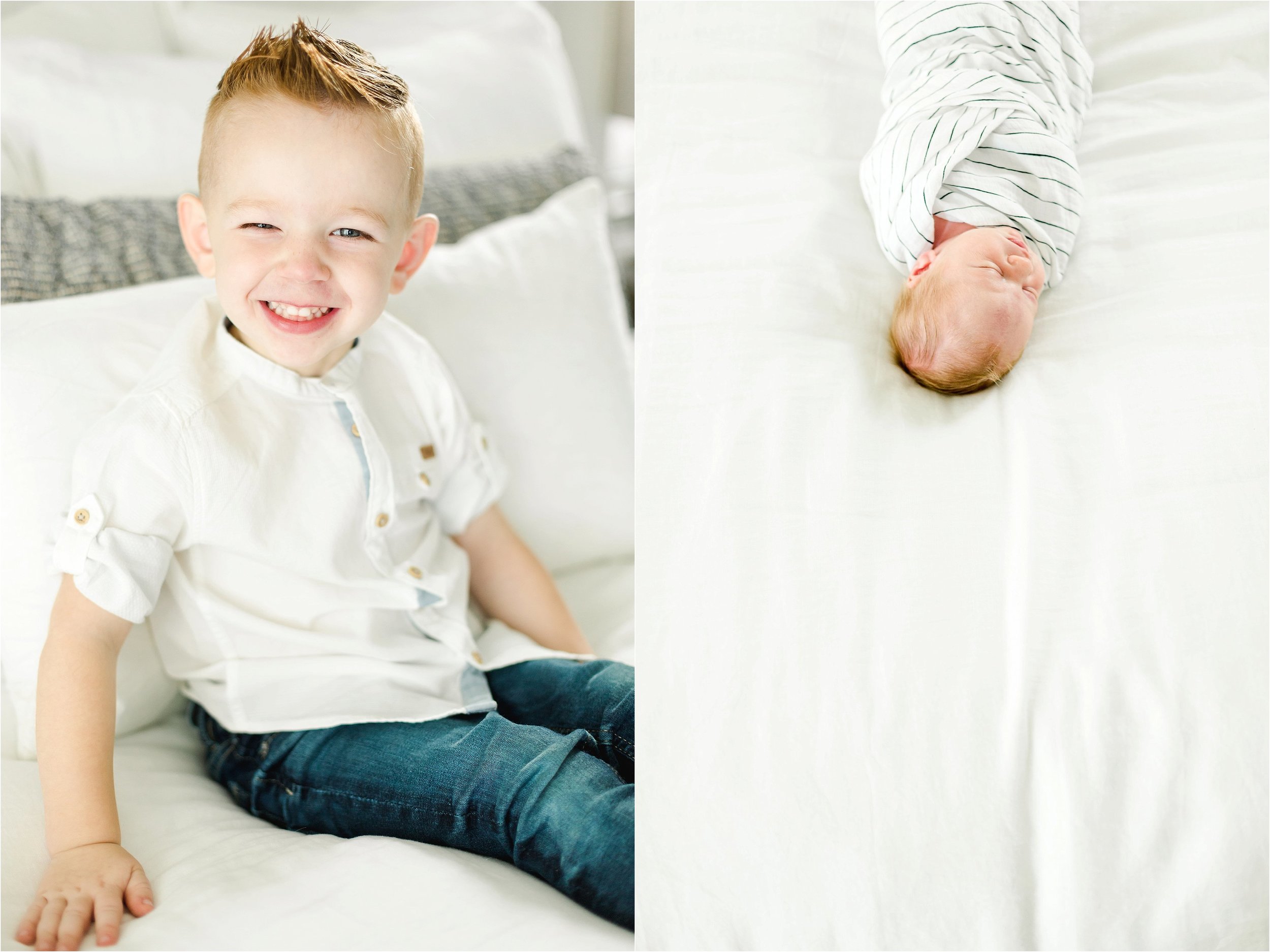 Image on the left shows older brother sitting on a bed and smiling at the camera.  Image on the right shows overhead photo of the baby boy sleeping on the bed.