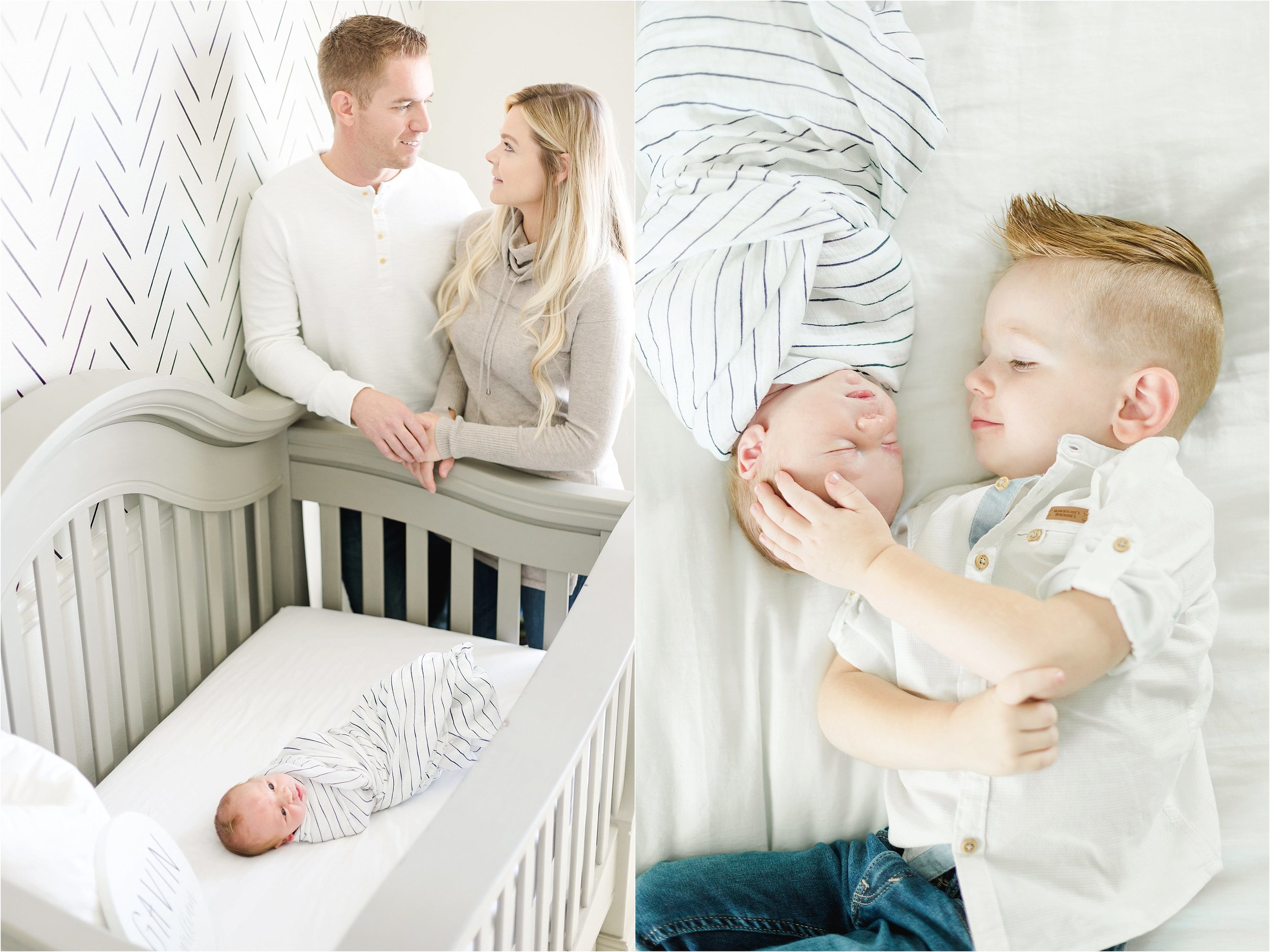 Image on the left shows baby boy lies in his crib while his parents hold hands and smile at each other.  Image on the right shows brothers lying on the bed looking at each other as big brother gently places his hand on his brother's head.