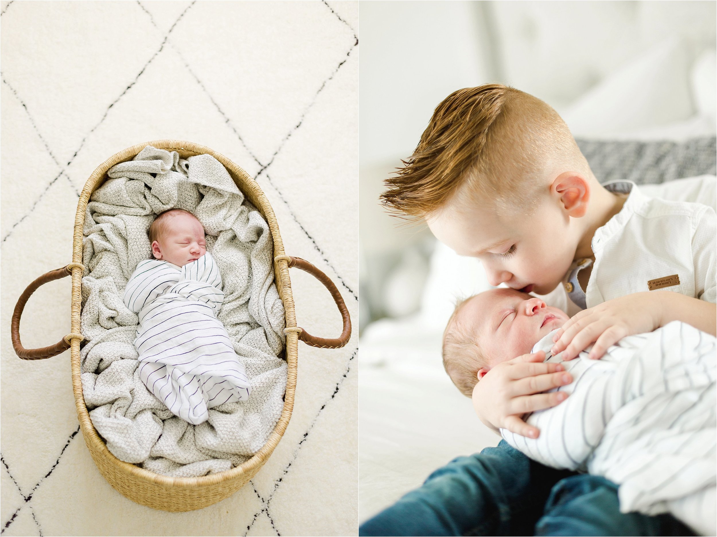 Image on the left shows baby boy in a black and white swaddle, lying on a blanket in a basket.  Image on the right shows red-headed older brother holding his baby brother while giving him a kiss on the forehead. 