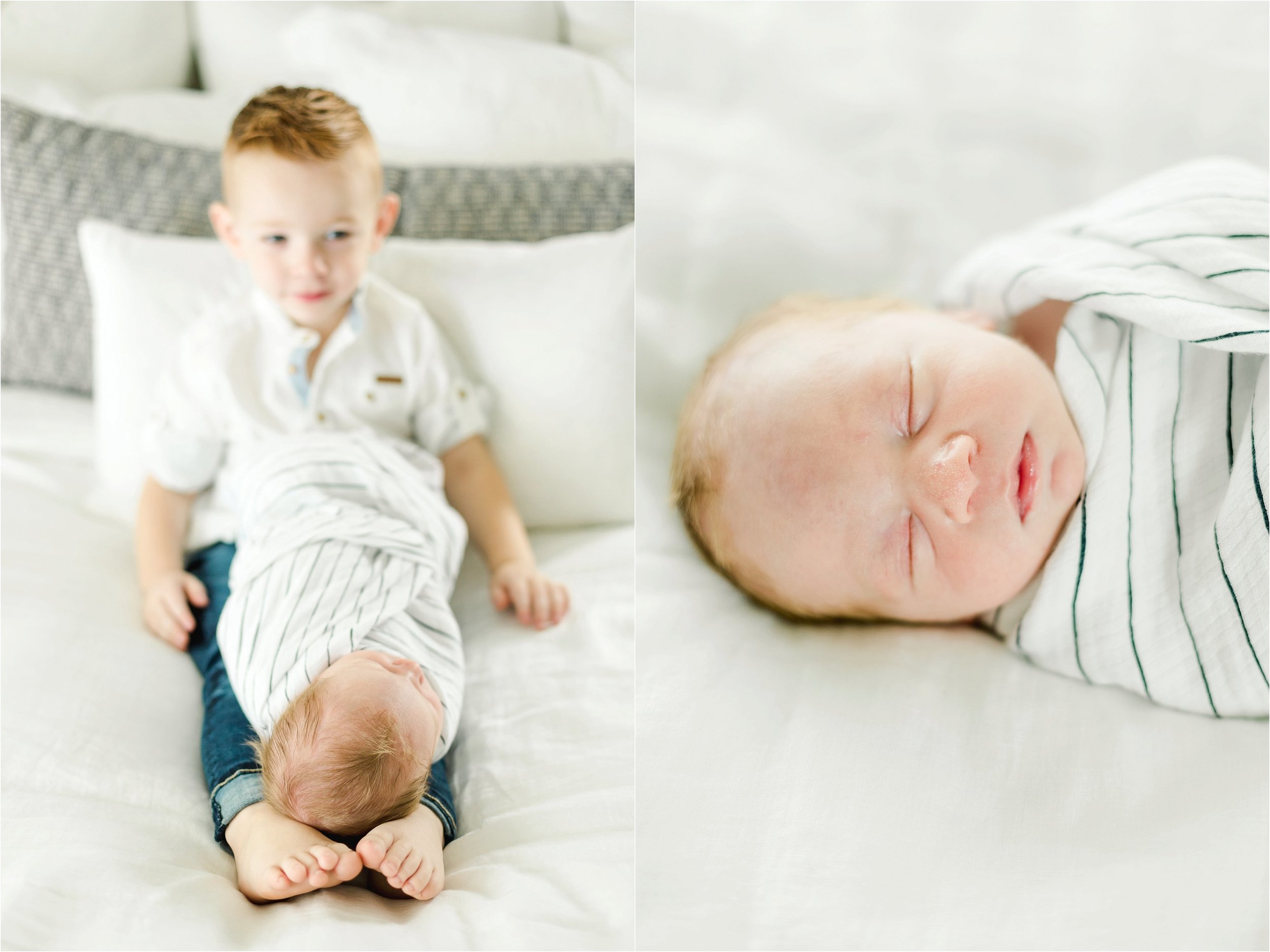 Image on the left shows toddler brother sitting on a bed while his baby brother lies on his lap.  Image on the right shows baby boy fast asleep while swaddled in a black and white striped swaddle.