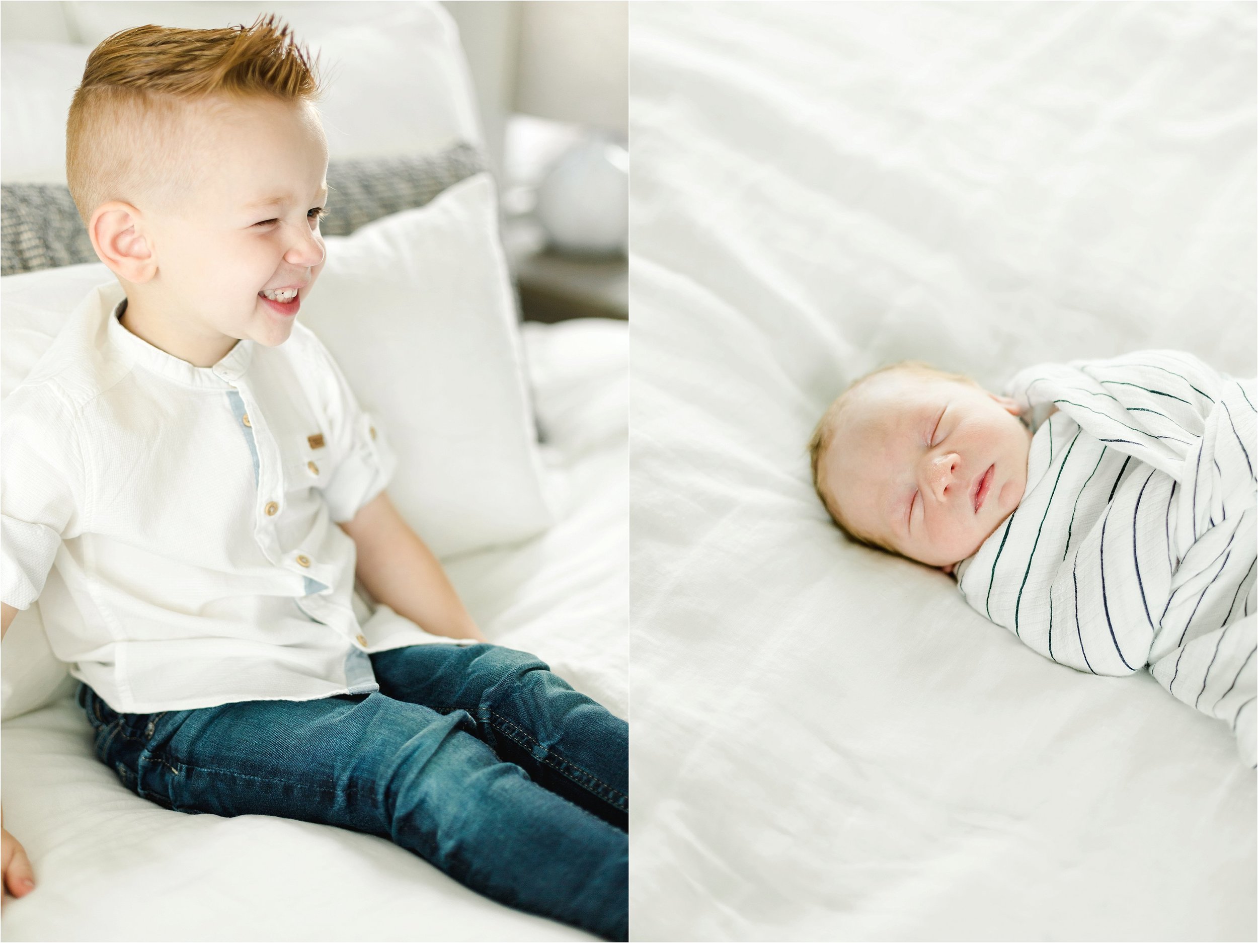 Image on the left shows red-headed toddler brother sitting on a bed.  Image on the right shows the baby boy sleeping while swaddled in a black and white stripped swaddle.