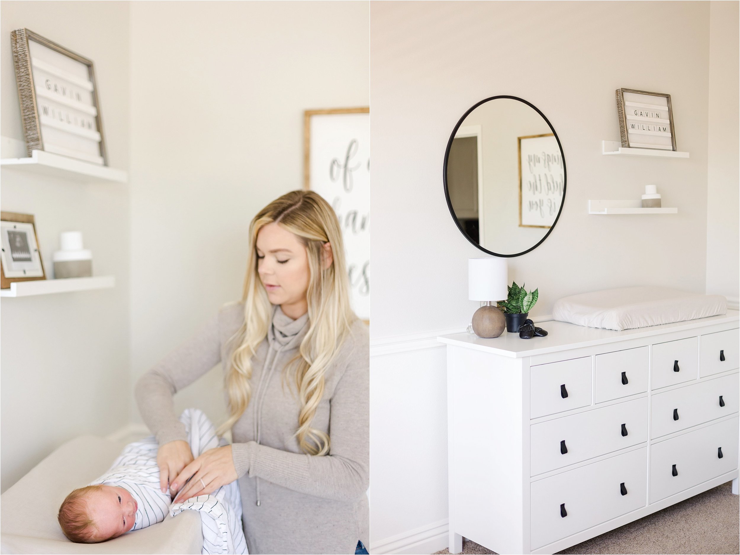 Image on the left shows Mother swaddling her newborn son in his nursery.  Image on the right shows white changing table in baby boy's nursery.