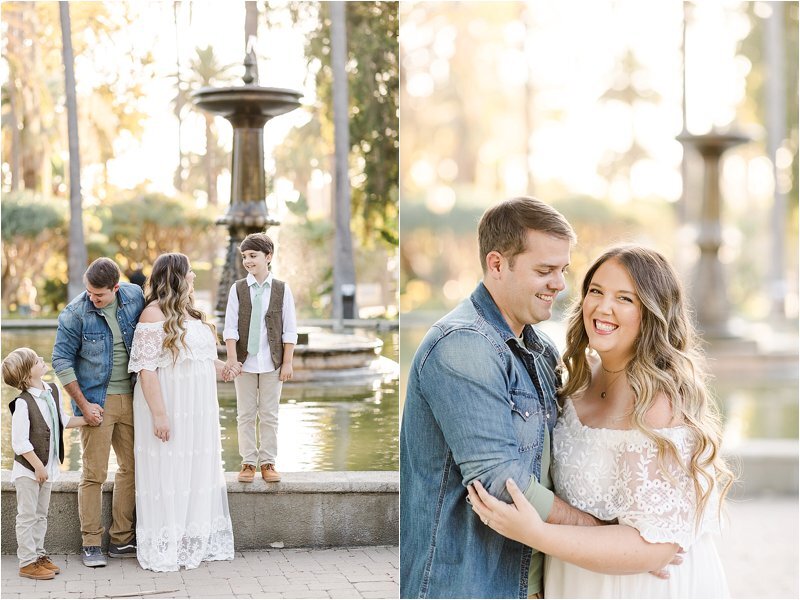 Image on the left shows a family of 4 interacting with each other in front of a fountain during their golden hour lifestyle photoshoot. Image on the right shows the husband and wife embracing as wife looks at the camera and husband smiles at his wife.
