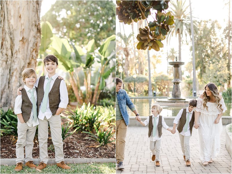 Image on left shows brothers in matching outfits hugging each other. Image on right shows family holding hands, walking and laughing in a park in Beverly Hills, CA.