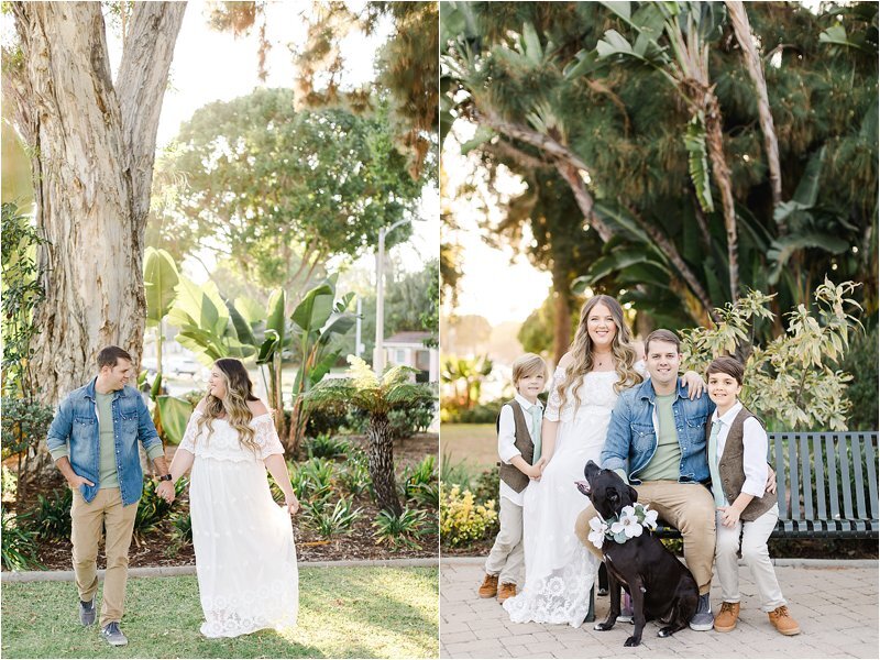 Image on the left shows husband and wife holding hands and walking in a park. Image on the right shows family of 4 sitting on a park bench with their black dog wearing a collar of magnolia flowers.