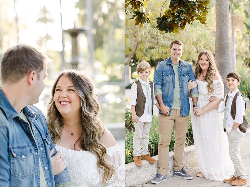 Image on the left shows husband and wife smiling at each other. Image on the right shows family of 4 posing for a family photo with Mom and Dad in the middle and their sons on either side.
