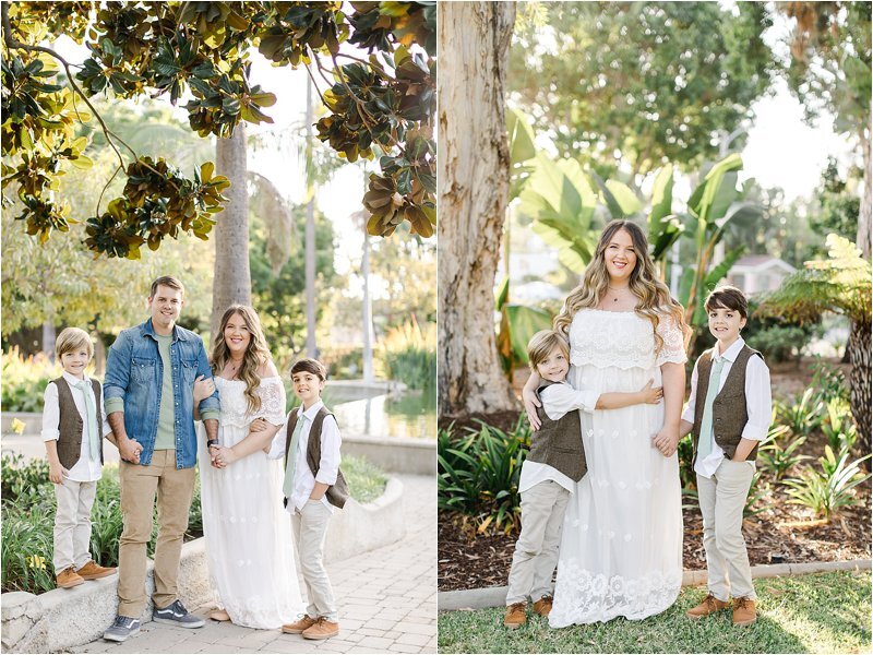 Image on the left shows family in neutral toned outfits smiling at the camera during their family photoshoot in Beverly Hills, CA. Image on the right shows Mother wearing a white, lace, off the shoulder maxi dress with her 2 sons who are wearing matching outfits featuring white button down shirts with rolled sleeves, mint green tie's, brown vests, khaki pants and brown shoes.