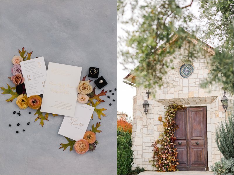 Image on right shows styled flatlay on grey-blue surface with fall colored leaves and flowers surrounding the wedding invitation and wedding rings which are placed on a square black ring box.  Image on left shows beautiful Tuscan inspired stone chapel with round window, wooden double doors, and iron lanterns on either side.