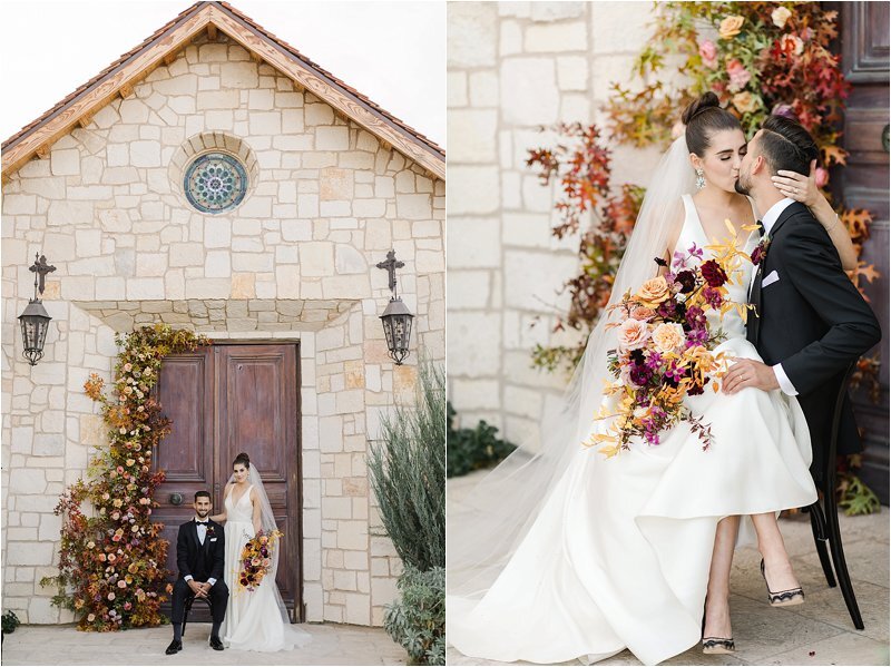 Bride sits on grooms lap and they share a kiss while she holds a vibrant bouquet of yellow, purple and pink flowers.  How to choose the perfect wedding color scheme for a fall wedding.