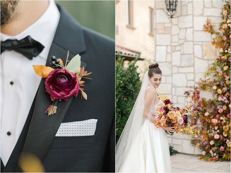 The image on the left shows groom detail shot of a black tux, black bow tie, white pocket square with black polka dots, featuring his boutonnière - a vibrant wine-colored flower with fall-colored leaves and berries.  The image on the right shows the brunette bride with hair in a bun smiling down towards her vibrant fall colored bouquet as her cathedral-length veil drapes over her shoulder.
