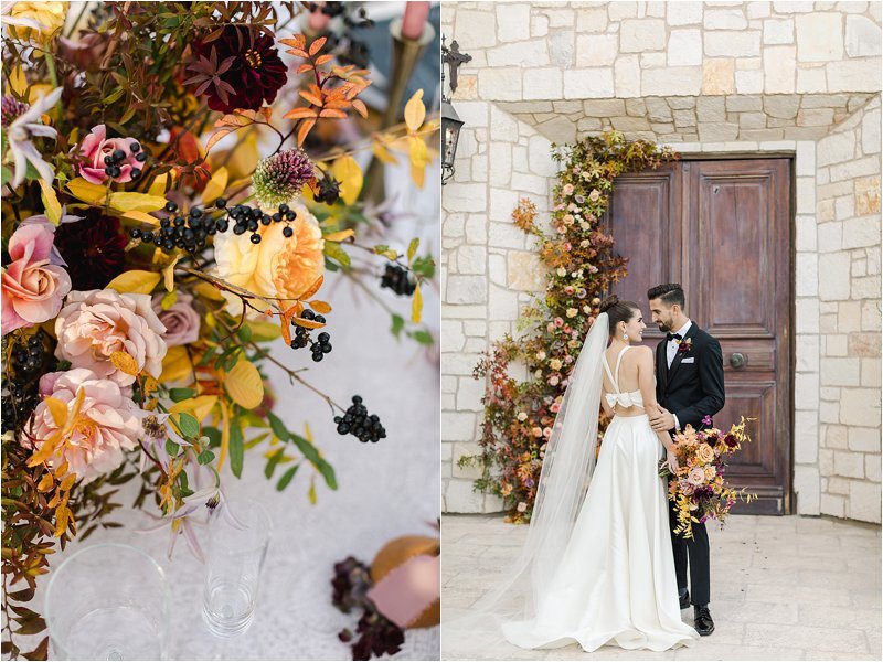 Vibrant fall wedding color scheme showcased in wedding arch, bridal bouquet and ceremony florals.  Bride and groom smile at each other as the back of the bridal gown showcases bow and a long cathedral veil.  
