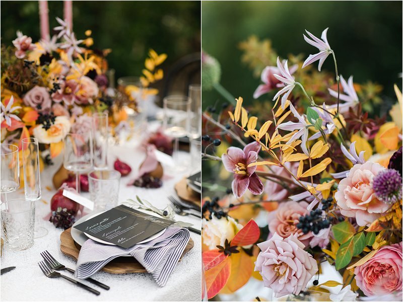 This intimate micro wedding featured a reception table with fall colored florals and fruits as the centerpiece.  It is important to consider the season when deciding how to choose the perfect wedding color scheme
