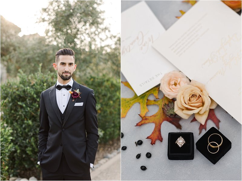Formal groom portrait shows the groom wearing a black tux, with a white button down, a black vest, a black bow tie and a white pocket square with black polka dots and a wine-colored floral boutonnière.  Image on right shows a close up of the wedding rings in the foreground with the wedding invitation and fall florals in the background.