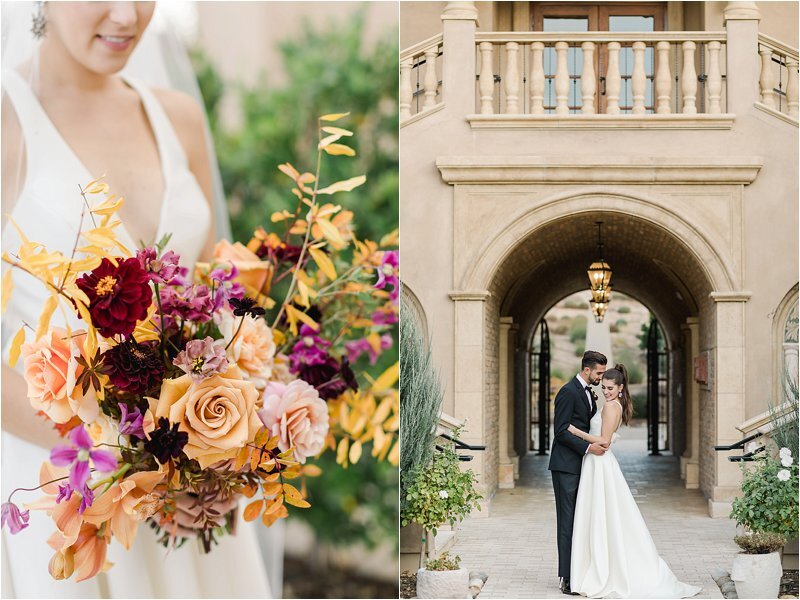 Image on left shows bride holding a large, asymmetrical fall colored bouquet showcasing her chosen wedding color scheme.  Image on left shows bride and groom snuggled into each other under archway.