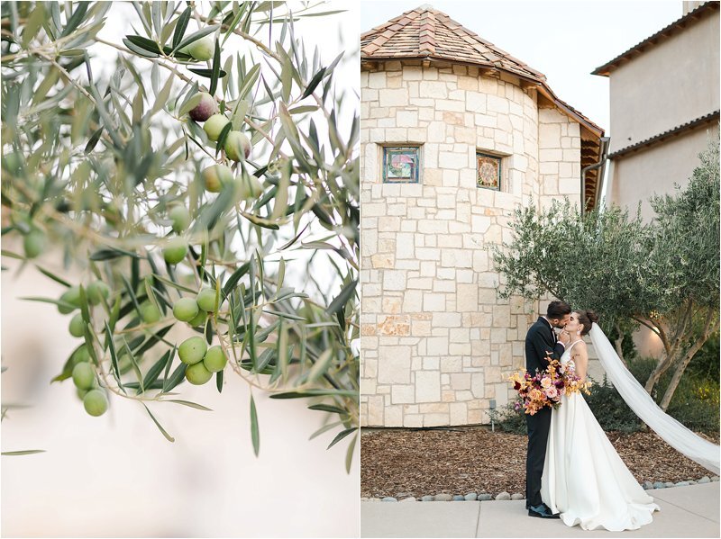 Image on left shows olive branches with leaves and olives.  Image on right shows bride and groom kissing in front of a Tuscan-inspired wedding venue in Paso Robles, CA.