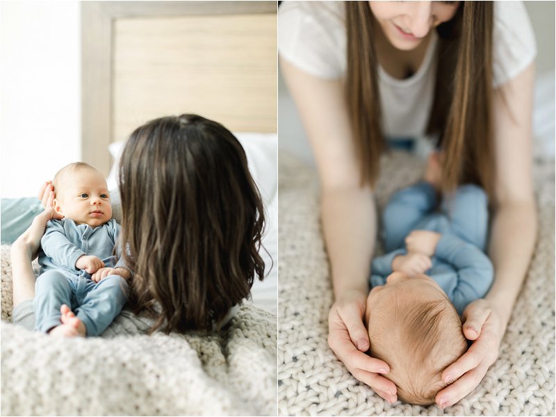 Image on the left shows Mother cradling her baby boy as he looks at her.  Image on the right shows baby lying on a bed as his Mother smiles at him and places her hands on either side of his head.