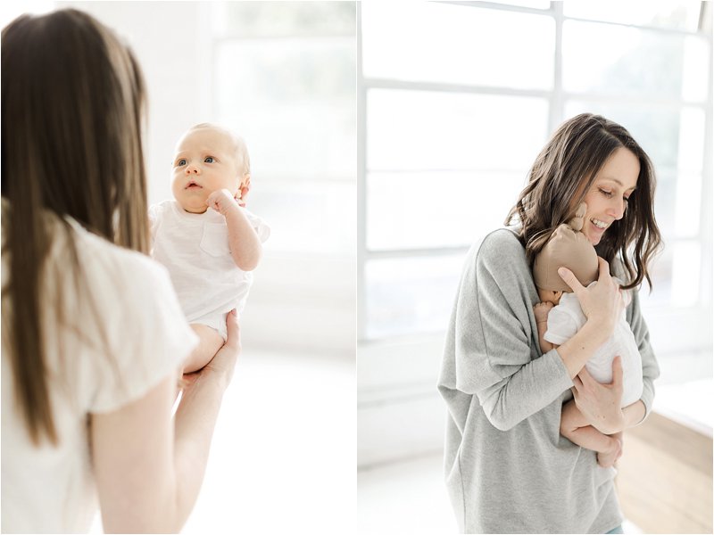 Image on the left shows baby boy in white onsie looking up at his Mother as she holds him.  Image on the right shows Mother holding newborn son as he snuggles into her chest.